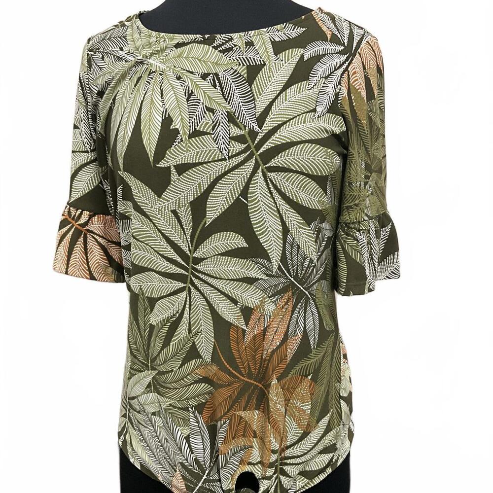 Palm Leaf Print Soft Knit Bell Sleeve Top S